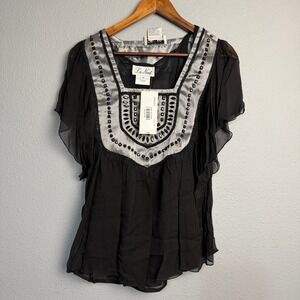 NWT La Nuit Black Silk Beaded‎ Embellished Square Neck Flutter Sleeve Blouse 14